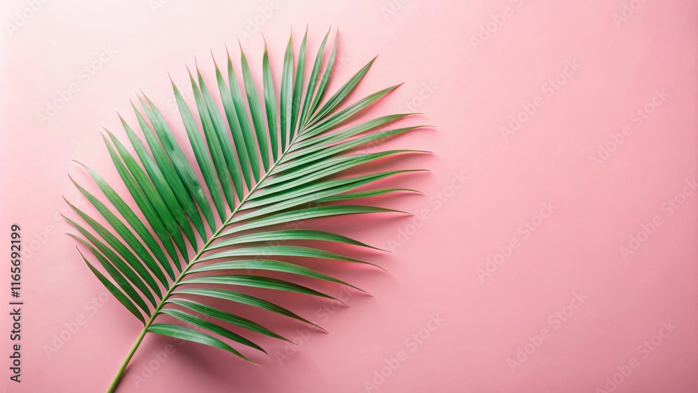 Obraz premium A single palm frond gracefully rests on a pale pink background, its verdant leaves offering a refreshing contrast against the soft backdrop.