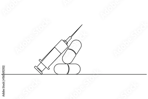 Vaccine and syringe one line drawing and medical icon continuous isolated outline flat vector icon