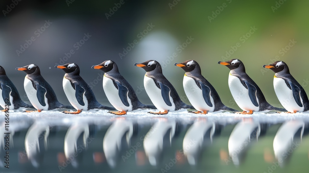 Obraz premium Penguins Sliding in a Line on Ice