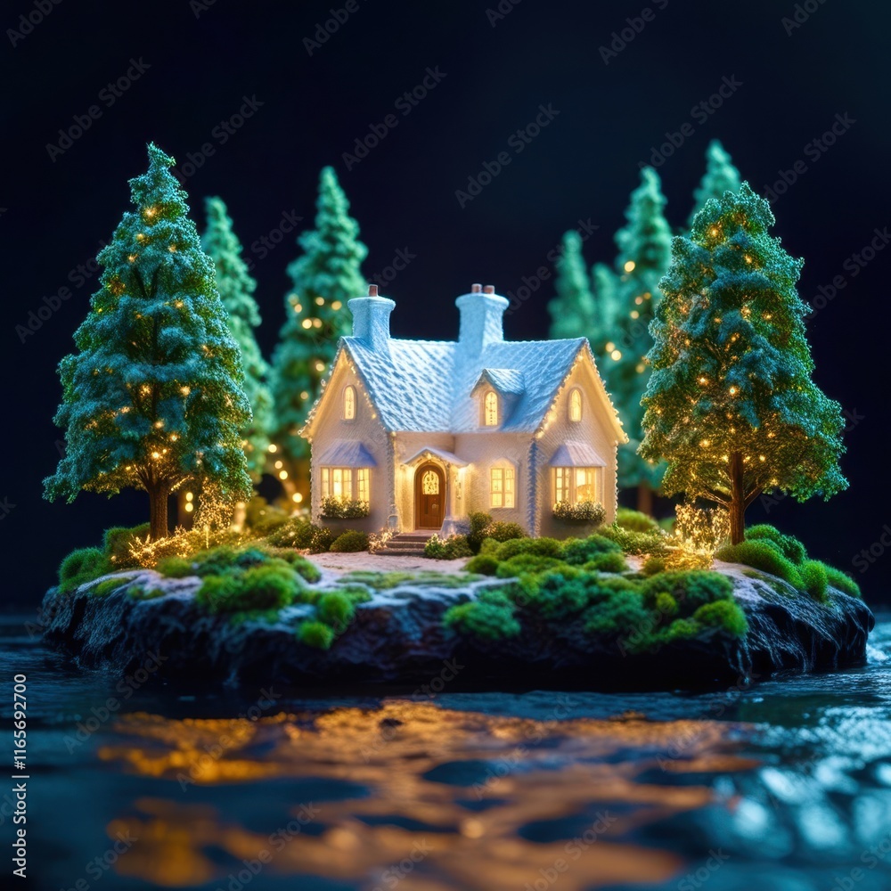 Small white house with a porch is surrounded by trees Small white house with a porch is surrounded by trees