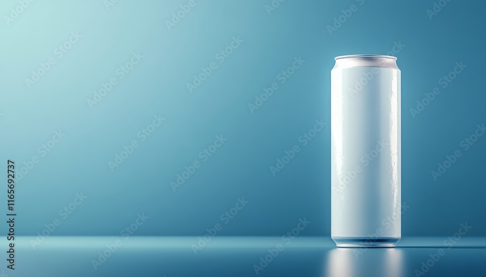 Blank aluminum can mockup on a blue background, ideal for beverage branding and design. Blank aluminum can mockup on a blue background, ideal for beverage branding and design.
