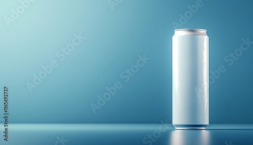 Blank aluminum can mockup on a blue background, ideal for beverage branding and design. photo