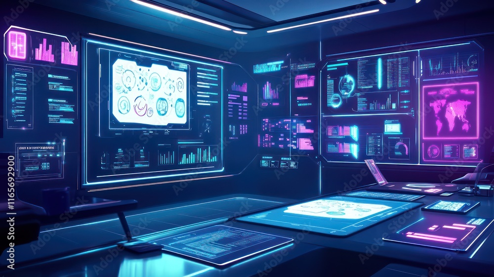 A futuristic business room with digital mind maps, diverse task boards, and collaborative project tools.