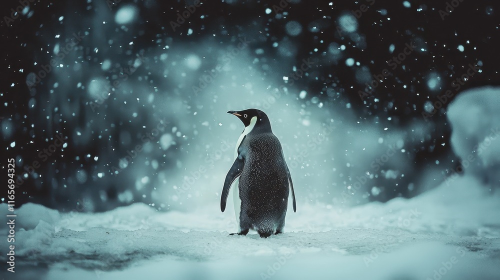 Fototapeta premium Penguin Standing Under Falling Snow
