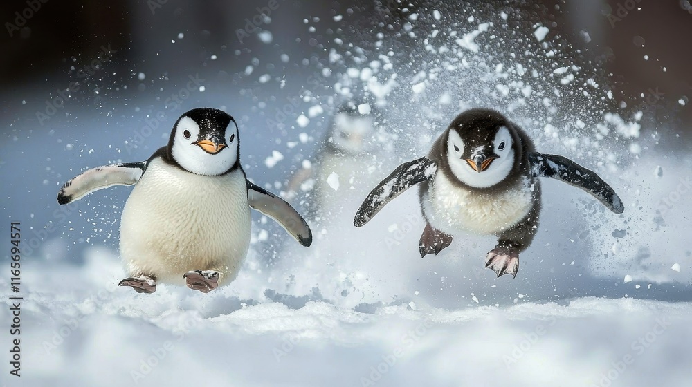 Fototapeta premium Penguin Chasing Other Penguins Playfully