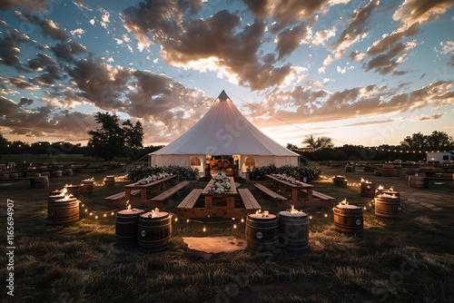 outdoor texan celebration, a canvas tent on the field, old barrels as tables, and a texas-style cook-off to honor texas independence day
