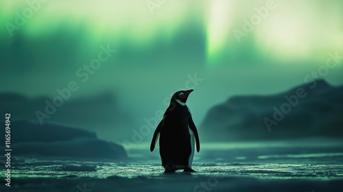 Penguin Standing in Aurora Glow