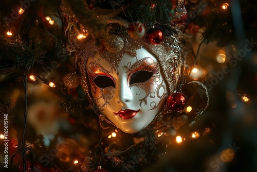 Luxury venetian mask on dark godlen bokeh background. photo