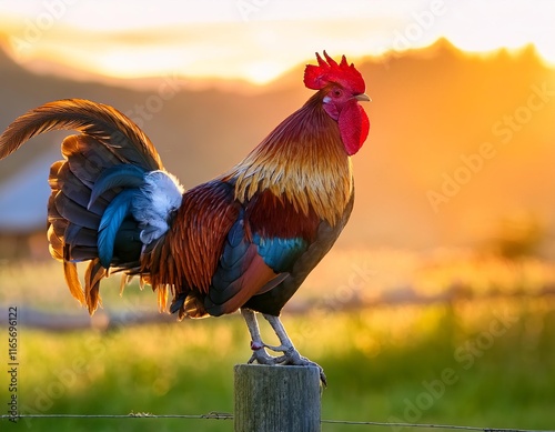 Rooster stands on a post in a field