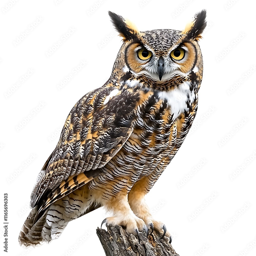 Fototapeta premium Majestic Great Horned Owl Perched on a Tree Stump Against a White Background.