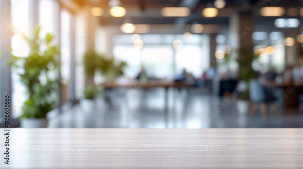 Empty table in modern bright office space with blurred background of desks and people Empty table in modern bright office space with blurred background of desks and people
