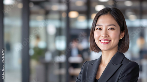 Confident Asian businesswoman smiling in modern office setting professional portrait
