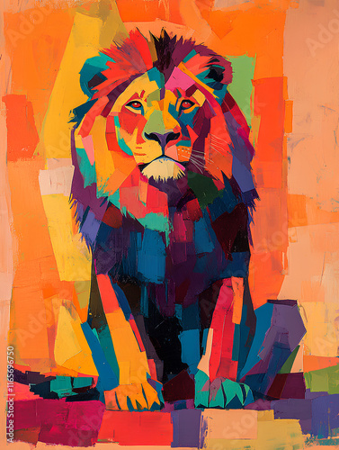 A vibrant lion adorned in bold pop art colors, rendered in a paint-by-number style photo