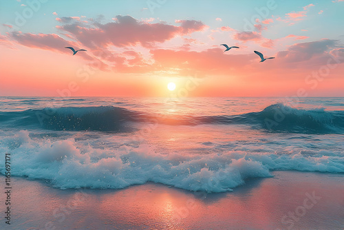 Serene sunrise over ocean waves with birds flying.