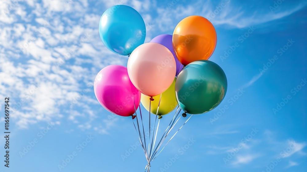 Colorful balloons floating in a vibrant blue sky, creating a festive birthday party atmosphere with studio lighting, celebrating joy and excitement. Colorful balloons floating in a vibrant blue sky, creating a festive birthday party atmosphere with studio lighting, celebrating joy and excitement.