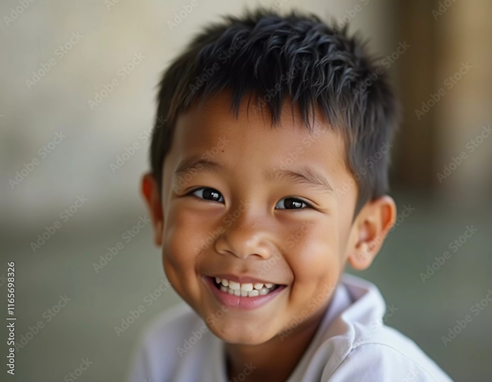 A young boy in Thailand, around five years old, beams with a cheerful smile, displaying his joy and innocence. His friendly expression captures a carefree moment in a vibrant setting. Generative AI A young boy in Thailand, around five years old, beams with a cheerful smile, displaying his joy and innocence. His friendly expression captures a carefree moment in a vibrant setting. Generative AI