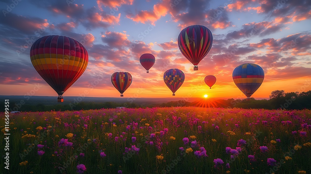 Fototapeta premium Hot Air Balloons Soaring Over Sunset Field Of Flowers
