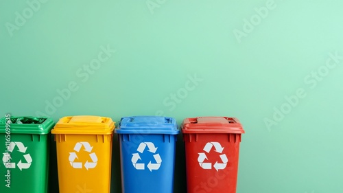 Eco-friendly waste separation action indoor recycling station colorful bins clean environment close-up view sustainable practices