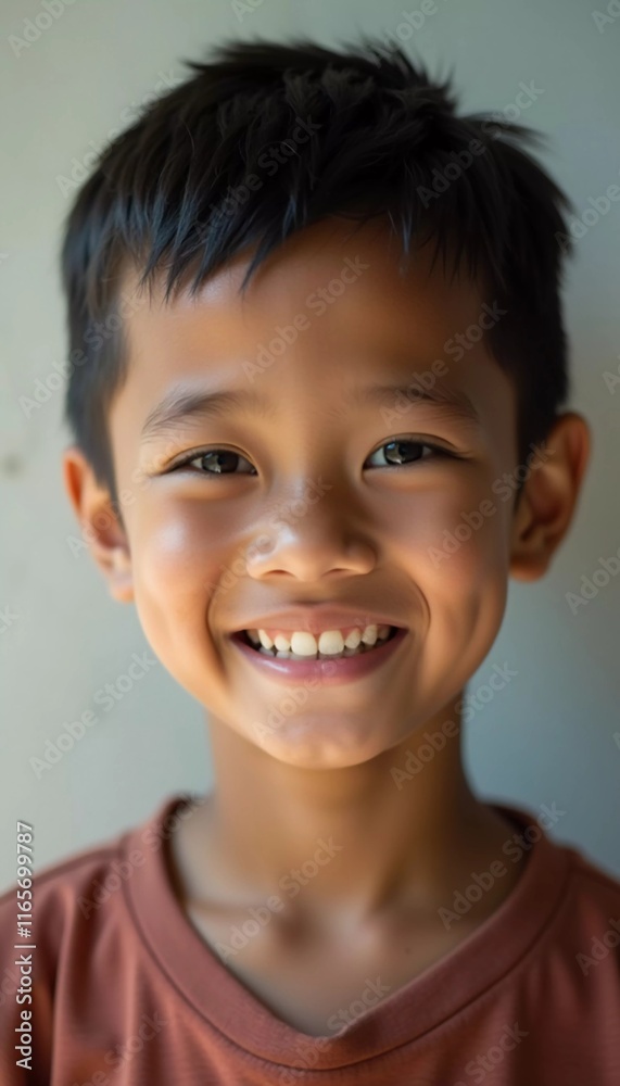 A cheerful boy from Thailand, around 8 years old, beams with happiness. His bright smile showcases his joy and innocence in a casual setting, embodying the spirit of youth. Generative AI A cheerful boy from Thailand, around 8 years old, beams with happiness. His bright smile showcases his joy and innocence in a casual setting, embodying the spirit of youth. Generative AI