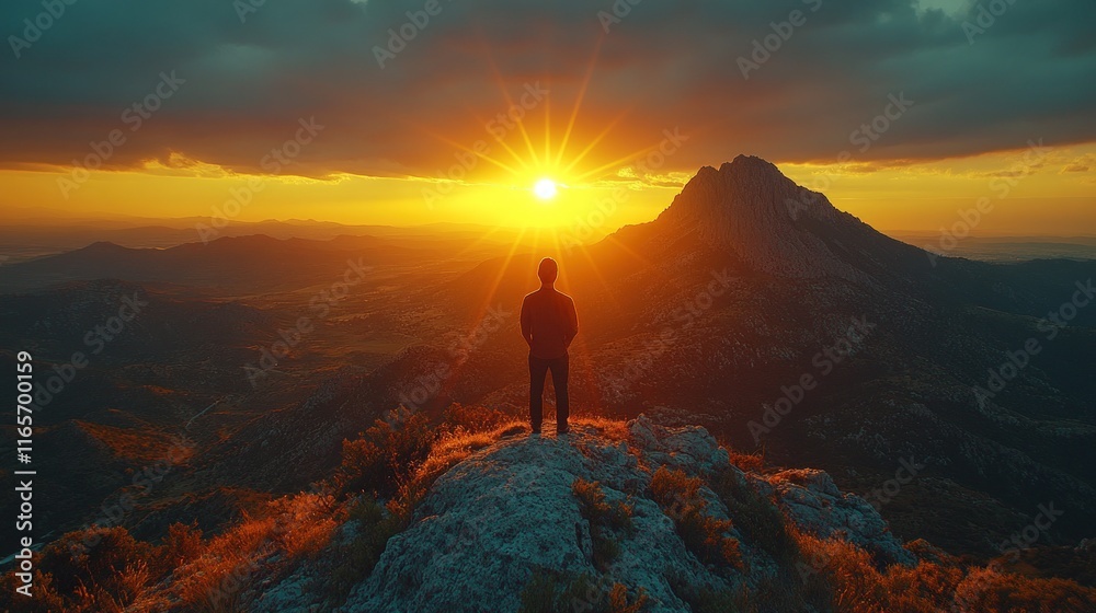 Silhouette on mountaintop, sunset vista. Silhouette on mountaintop, sunset vista.