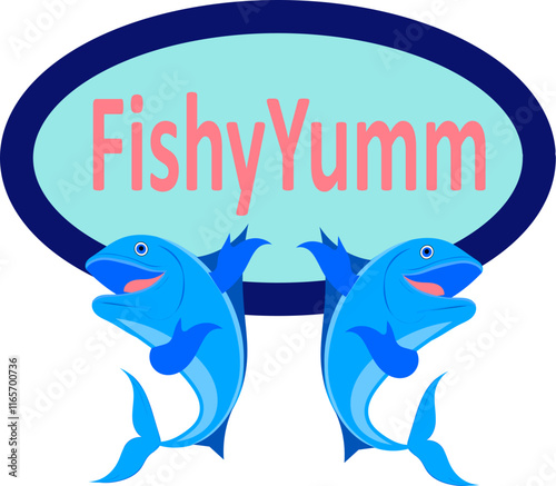 Fish Logo, Fishes Mascot, vector drawing of two blue fishes gesturing with their fin hands pointing up towards the Restaurant Company Name FishyYumm in a light blue circle