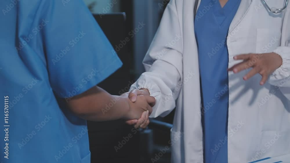 Doctors shaking hands, working together as a team at the hospital. Doctors shaking hands, working together as a team at the hospital.
