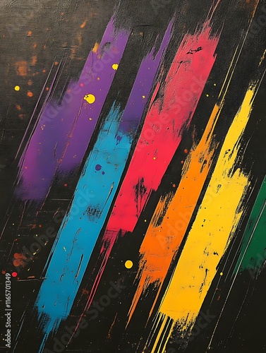 Abstract colorful diagonal brush strokes on black.