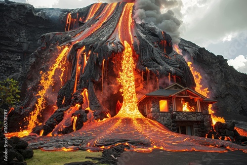 Lava erupts from volcano, cascading down towards residential areas and threatening homes photo