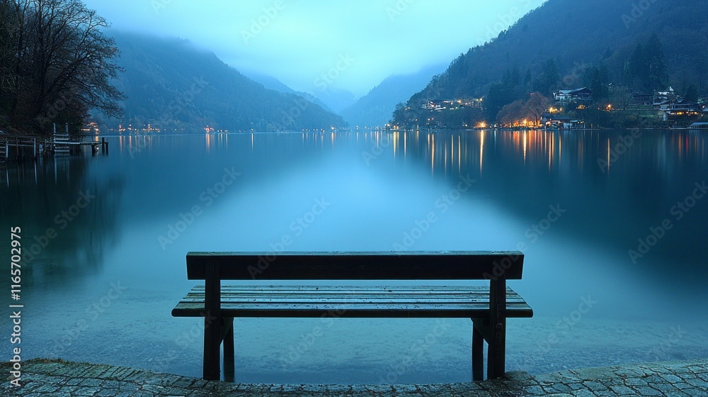 Serene lakeside view with a bench, reflecting calm waters and distant lights. Serene lakeside view with a bench, reflecting calm waters and distant lights.