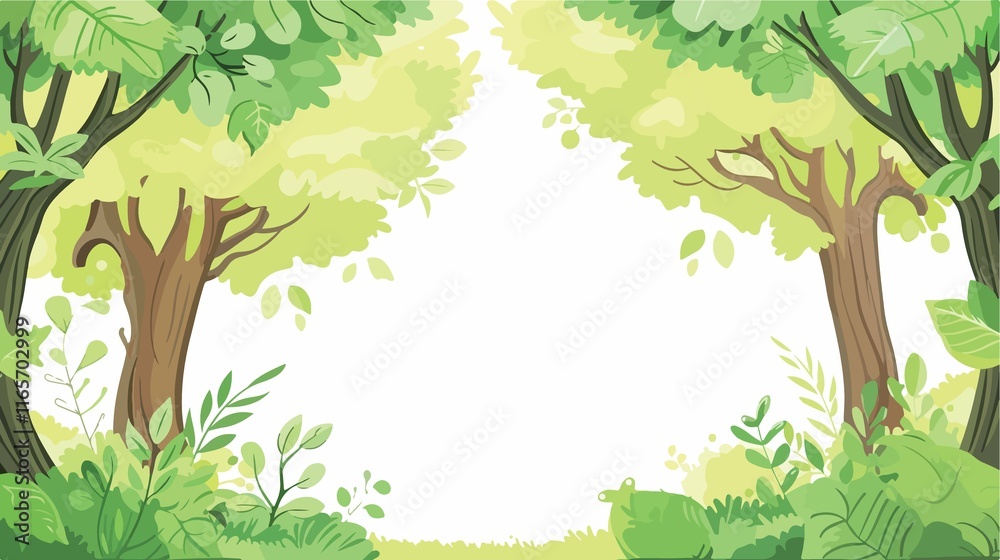 Fototapeta premium Playful Cartoon Vector Style Cute Green Tree Frame Design