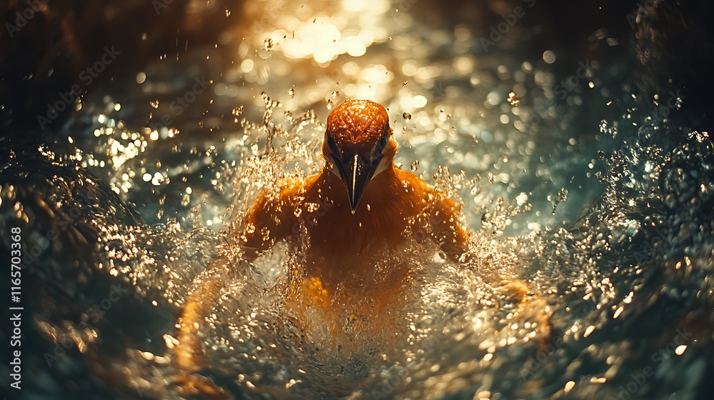 Fototapeta premium Kingfisher Emerging From Water Sunlight Splashing