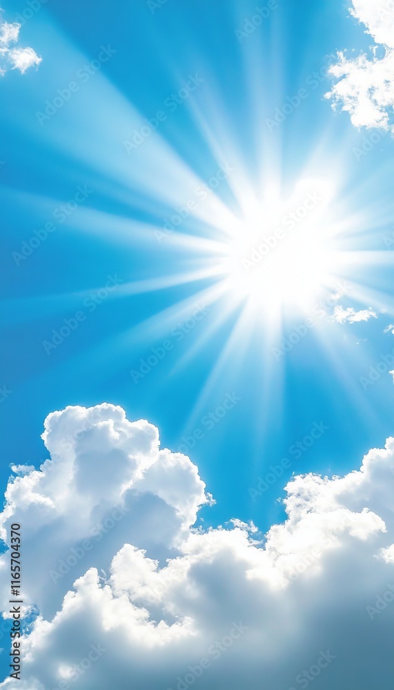 Brilliant Sunrays Piercing Through Fluffy White Clouds Against a Vivid Blue Sky, Serene Summer Day Brilliant Sunrays Piercing Through Fluffy White Clouds Against a Vivid Blue Sky, Serene Summer Day