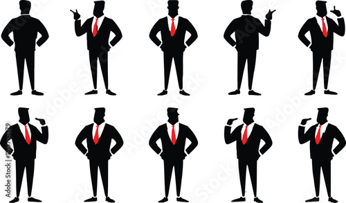 Silhouettes of Businessman character in different poses. Business man in formal suit standing front, back, rear, side view, pointing, thinking. Vector black illustrations on white background