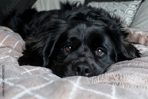 pet companionship, newfoundland dog rests on plaid blanket, gazing lovingly at owner with serene and protective demeanor