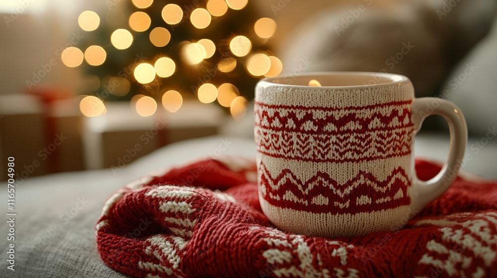 A cozy holiday scene featuring a knitted mug on a blanket with a Christmas tree in the background. A cozy holiday scene featuring a knitted mug on a blanket with a Christmas tree in the background.