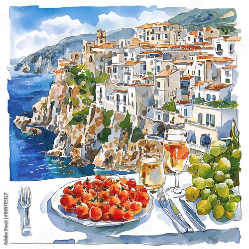 Watercolor painting of a picturesque coastal Italian town viewed from a table setting with wine, grapes, and tomatoes.