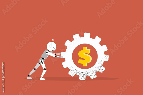 Robot rolling the gear with dollar sign. artificial intelligence working. Future business reality