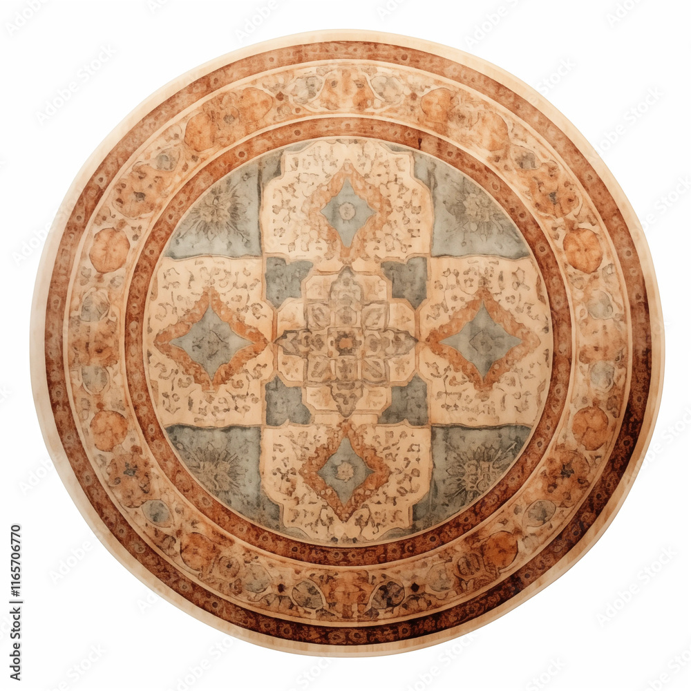 Fototapeta premium Round Rug Beige Brown Teal Watercolor Pattern Oriental Design Floor Decor