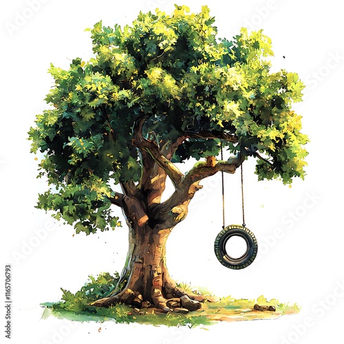 A whimsical watercolor painting of a lush green tree with a tire swing hanging from its branch.