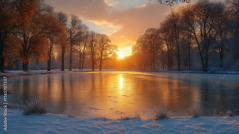 Frozen lake sunrise winter landscape. Frozen lake sunrise winter landscape.