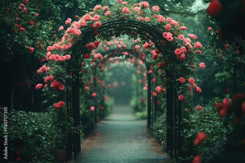 Beautiful rose garden with archways and lush greenery in a tranquil setting photo