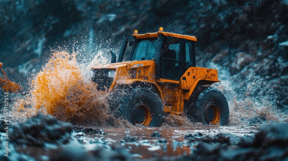 Yellow tractor fording a muddy river. Yellow tractor fording a muddy river.