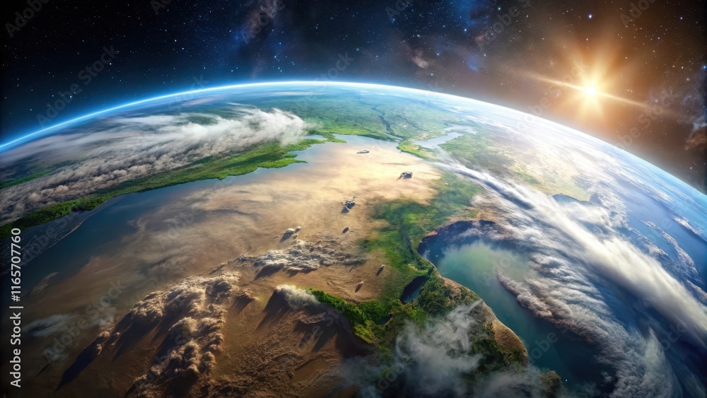A Stunning View of Planet Earth from Space, Showing a Sunrise Over a Diverse Landscape with Lush Vegetation and a Vast Ocean A Stunning View of Planet Earth from Space, Showing a Sunrise Over a Diverse Landscape with Lush Vegetation and a Vast Ocean