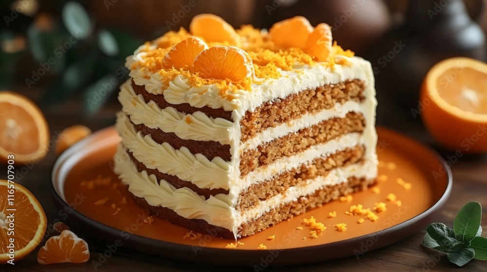 A slice of cake with orange frosting and orange slices on top A slice of cake with orange frosting and orange slices on top