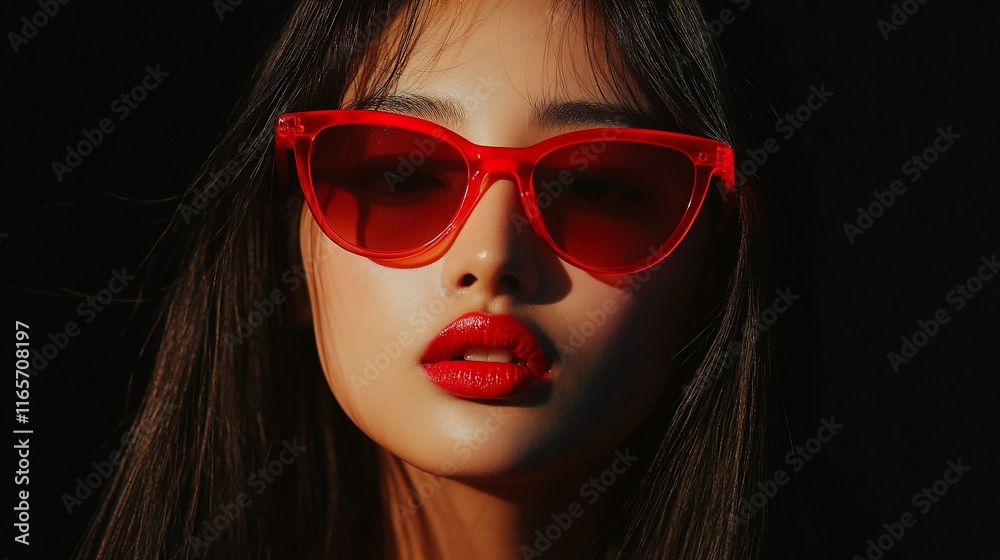 A close-up portrait of a woman wearing red sunglasses and lipstick.