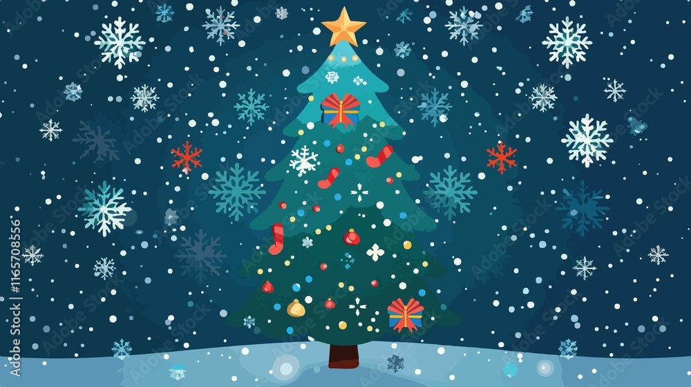 Festive Christmas Tree Decorated with Snowflakes Cartoon Vector Illustration Festive Christmas Tree Decorated with Snowflakes Cartoon Vector Illustration