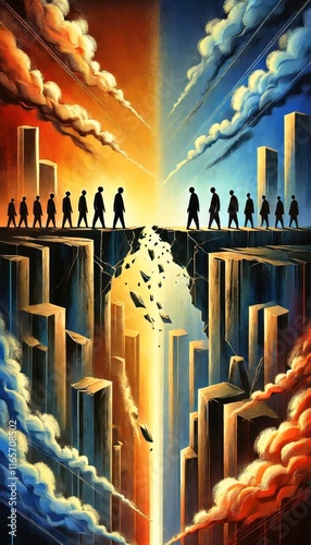 A symbolic artwork titled The Division of Society. Two distinct groups of people stand on opposite cliffs. photo