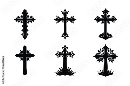 Set of Christian cross liner and silhouette, Religious cross icon illustration