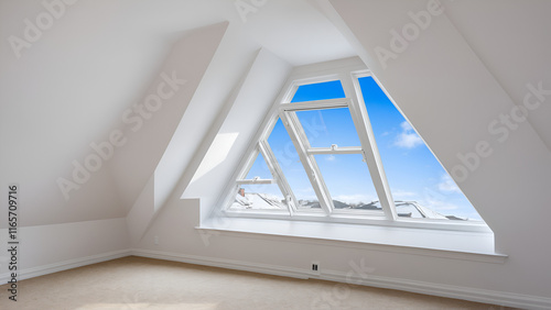 PVC window instalation in a new insulated and filled dry wall attic. photo