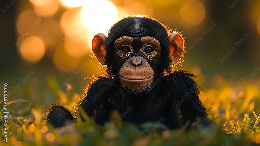 Fototapeta premium Young Chimpanzee Sitting In Golden Sunset Light